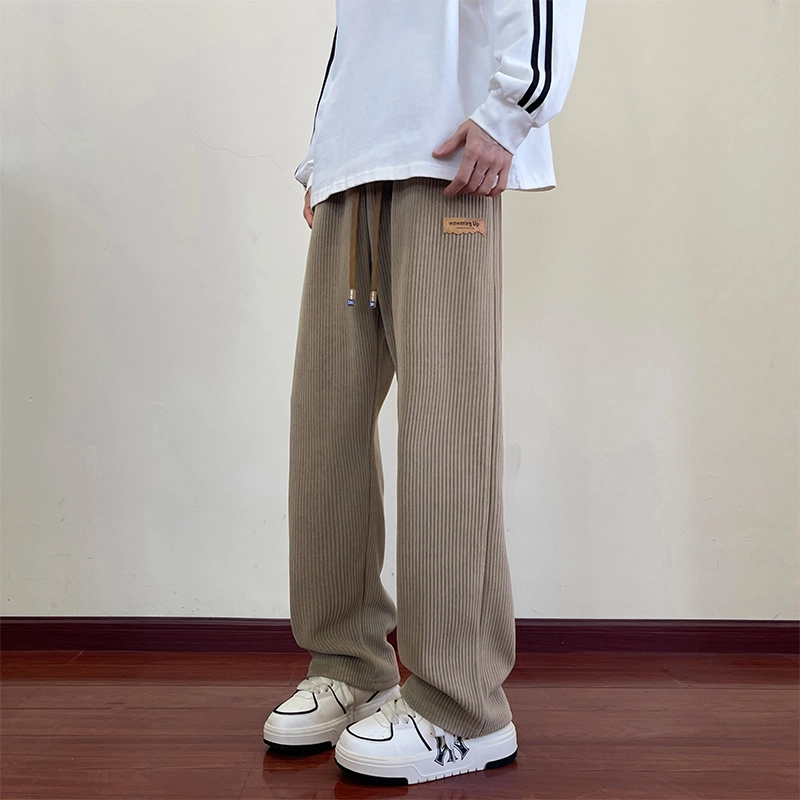 洋气先生 美式高街复古简约纯色灯芯绒肌理感小众设计感时尚潮流帅气百搭宽松阔腿垂感松紧中腰系带直筒显高显瘦氛围感休闲裤 男女同款