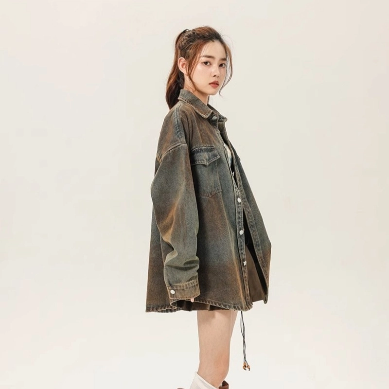 洋气先生 美式复古高街简约纯色潮牌慵懒风重磅落肩款休闲长袖潮流居家宽松舒适亲肤户外运动时尚百搭水洗做旧脏脏衣牛仔外套 男女同款