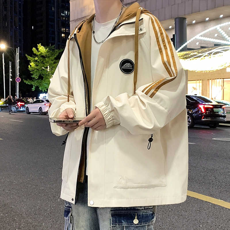 洋气先生 美式潮流假两件山系户外撞色拼接侧边条纹胸前徽章连帽拉链设计长袖休闲舒适保暖防风日常通勤无性别主义百搭外套夹克 男女同款