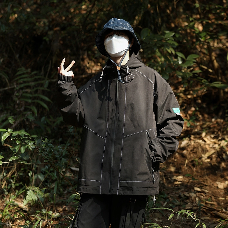 洋气先生 洋气美式复古系列潮牌连帽纯色设计痞帅高级感加绒长袖上衣休闲舒适防风日常通勤徒步无性别主义简约百搭工装外套夹克 男女同款