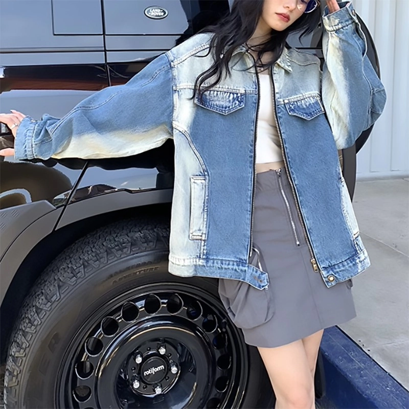 洋气先生 美式复古高街简约基础拼色潮牌慵懒风重磅休闲长袖潮流居家宽松舒适亲肤户外运动时尚百搭水洗做旧上衣牛仔外套 男女同款