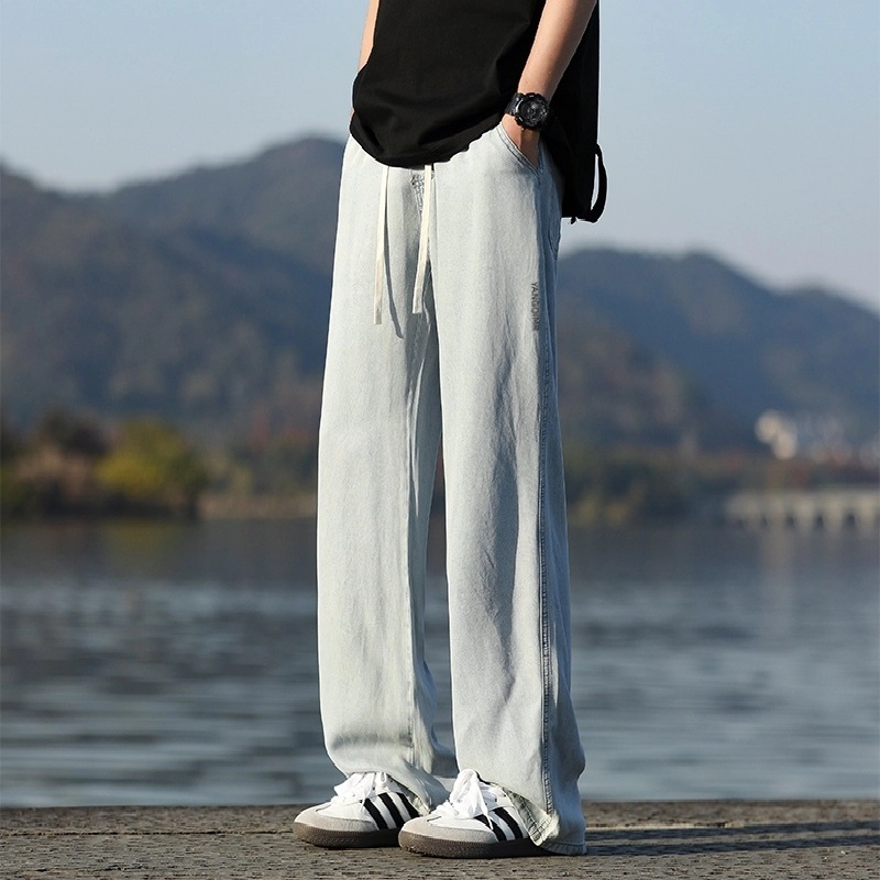 洋气先生 美式高街复古纯色水洗做旧宽松休闲直筒松紧腰抽绳系带透气中腰基础款显瘦垂感简约百搭舒适潮流显高阔腿牛仔裤 男女同款