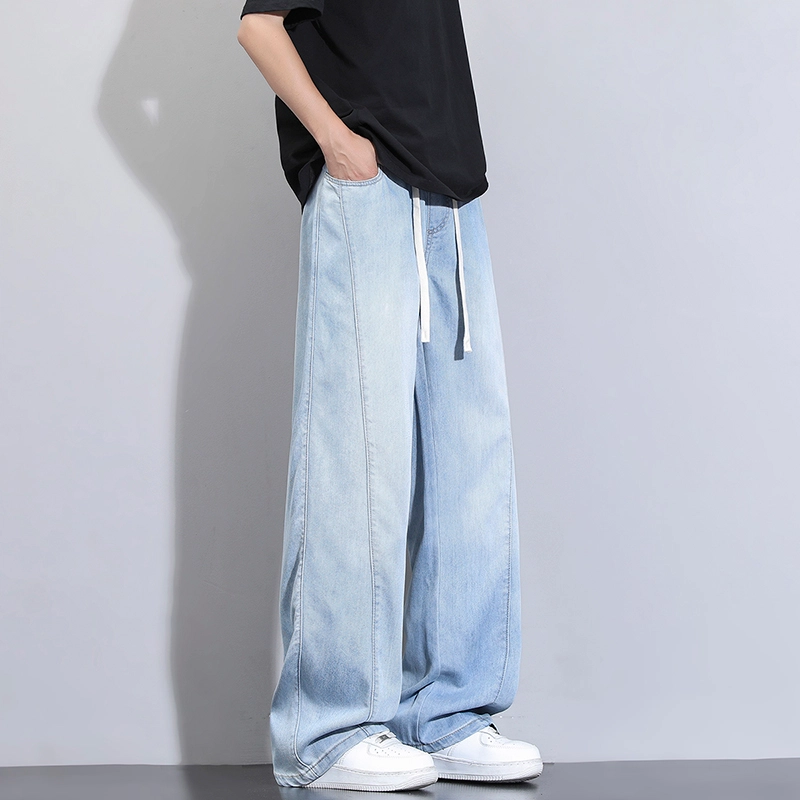 洋气先生 美式休闲潮流裁接线贯穿设计感显高显瘦显腿长系带抽绳宽松弹力柔软亲肤百搭废土风高级感日常出行垂感牛仔裤 男女同款