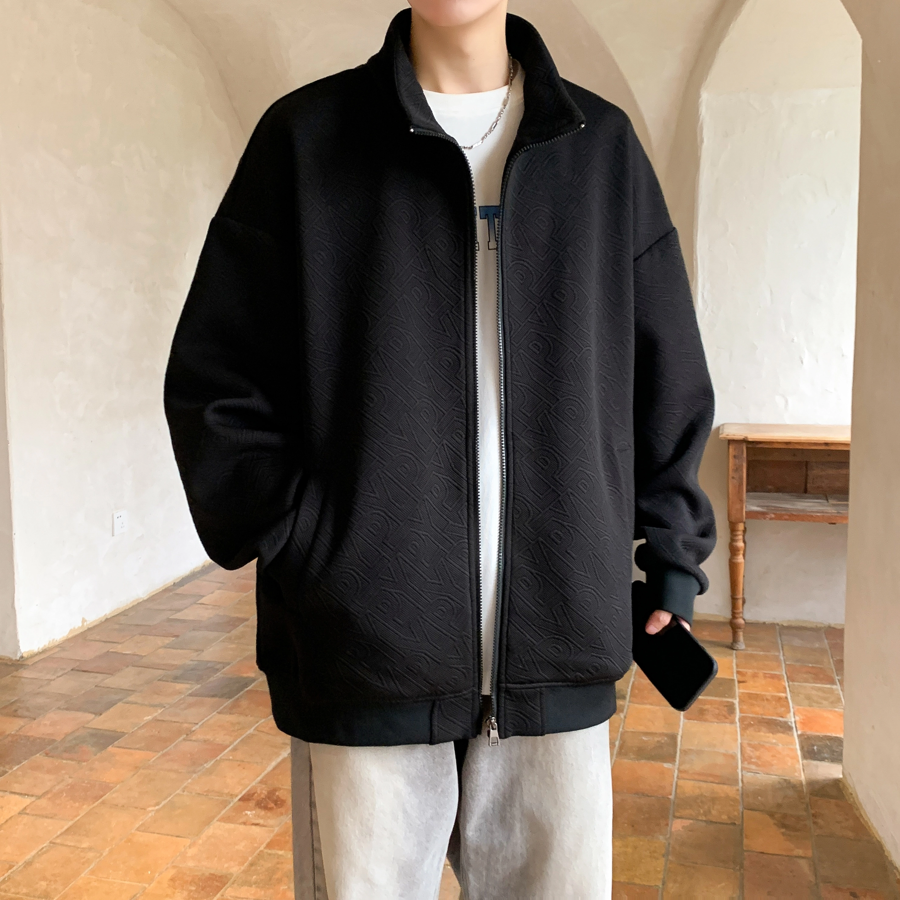 洋气先生 美式高街复古学院风少年感潮牌基础款纯色立领运动街头日常通勤法式慵懒风休闲百搭开衫拉链字母钢印满印外套卫衣 男女同款