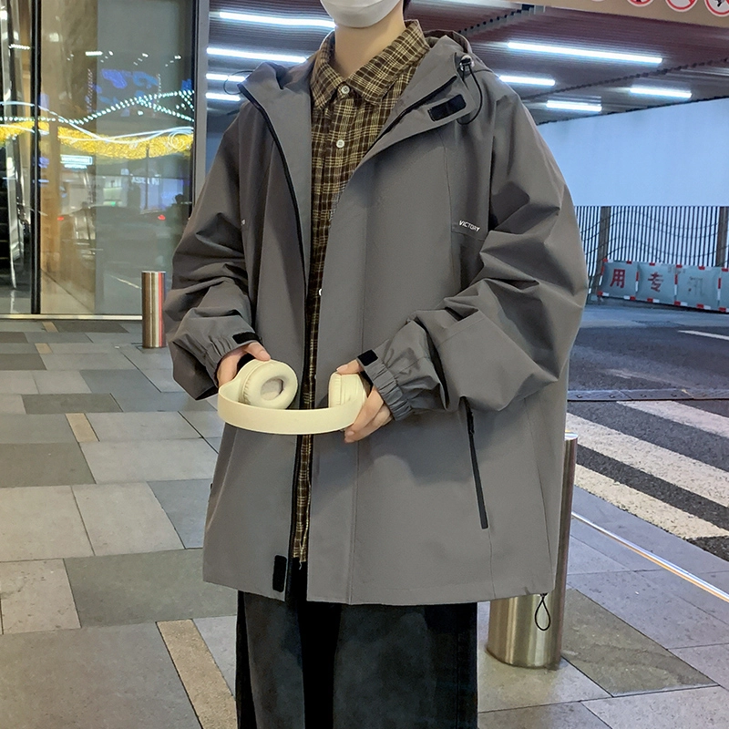 洋气先生 美式复古潮牌轻奢字母印花连帽拉链设计纯色长袖休闲舒适防风山系户外通勤徒步无性别主义简约百搭工装冲锋外套夹克 男女同款