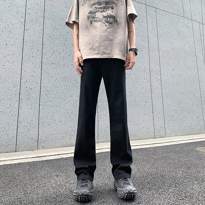 洋气先生 美式高街复古水洗做旧微喇中腰直筒弹力柔软亲肤平整抗皱纯色基础款垂坠感宽松百搭休闲日常出行运动穿搭长款牛仔裤 男女同款