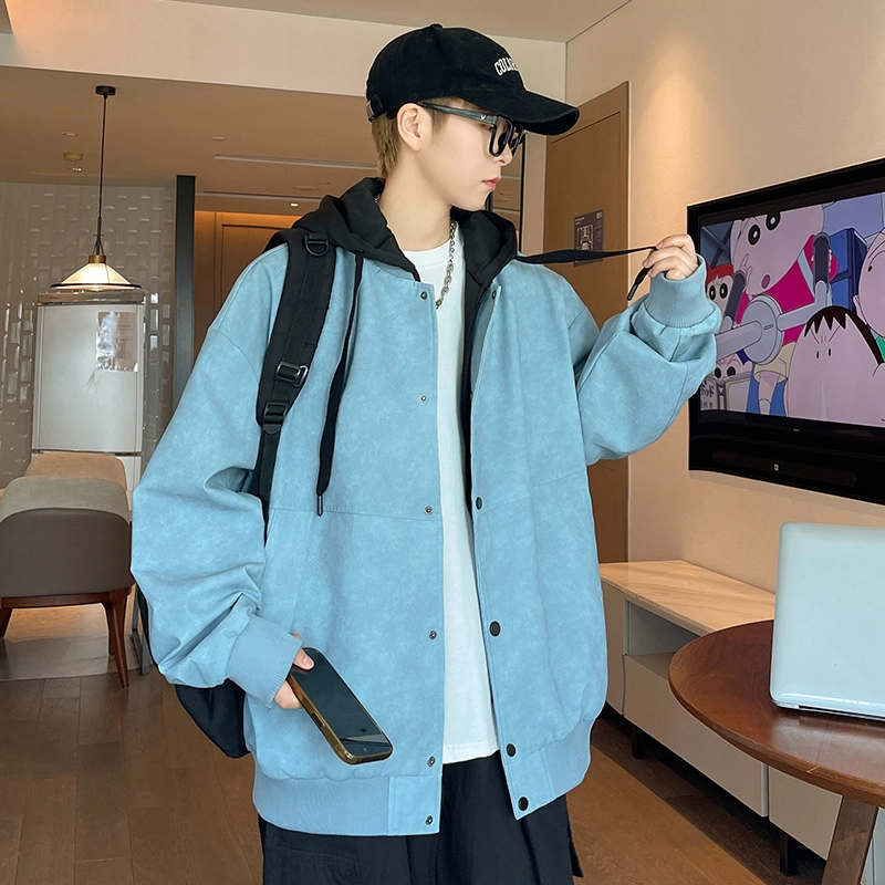 洋气先生 美式复古潮流做旧假两件设计连帽拉链长袖宽松休闲舒适保暖防风日常户外通勤徒步无性别主义简约百搭皮衣外套夹克 男女同款