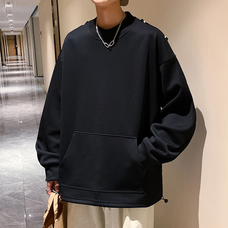 洋气先生 美式复古高街时尚潮流百搭学院风假两件日常通勤休闲简约纯色基础款潮牌透气舒适柔软慵懒氛围感圆领套头卫衣 男女同款