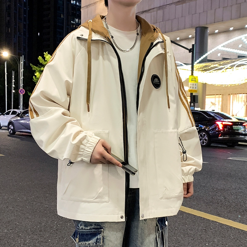 洋气先生 美式潮流假两件山系户外撞色拼接侧边条纹胸前徽章连帽拉链设计长袖休闲舒适保暖防风日常通勤无性别主义百搭外套夹克 男女同款