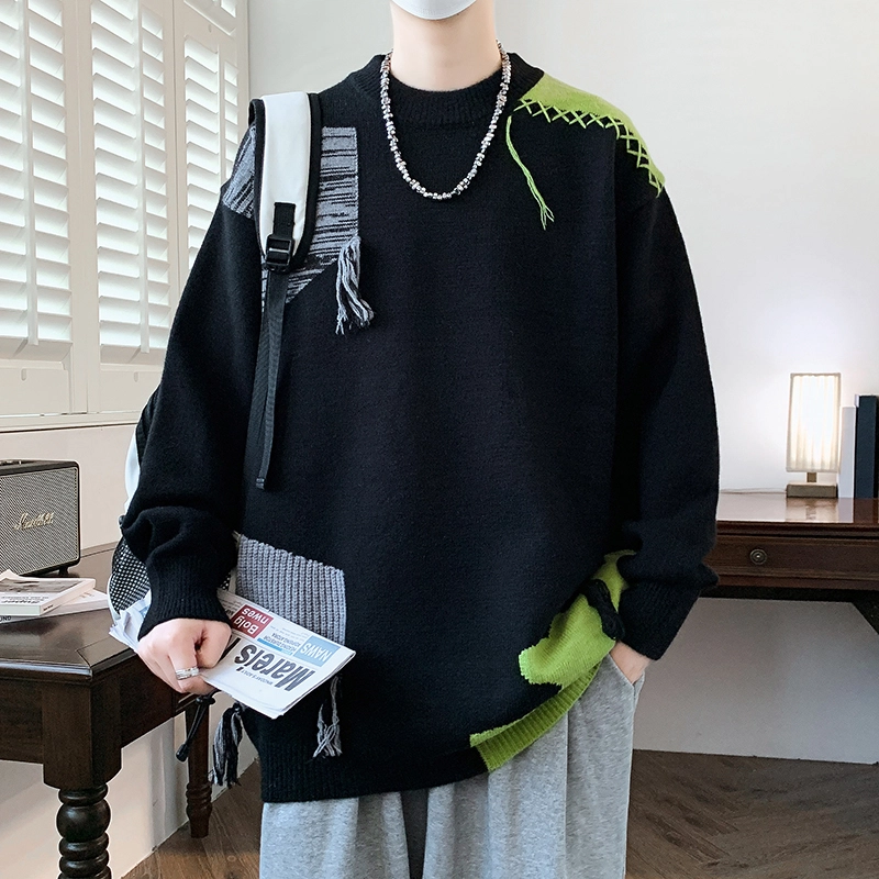 洋气先生 美式高街潮牌撞色拼接小众设计无性别主义纯色潮流慵懒感卫衣日常通勤微阔圆领套头长袖简约休闲时尚百搭针织衫 男女同款