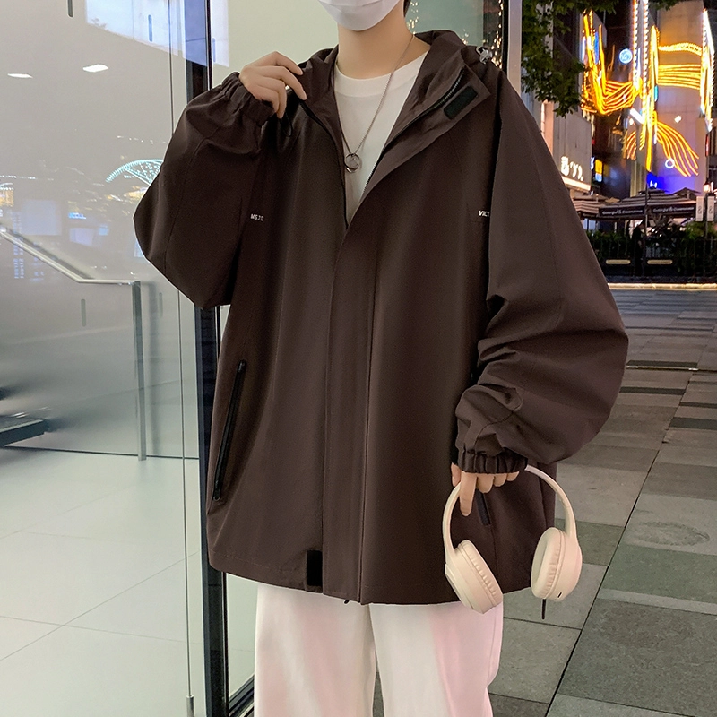 洋气先生 美式复古潮牌轻奢字母印花连帽拉链设计纯色长袖休闲舒适防风山系户外通勤徒步无性别主义简约百搭工装冲锋外套夹克 男女同款