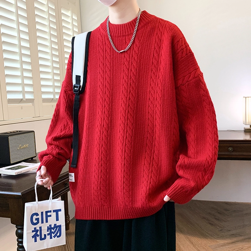 洋气先生 美式高街潮牌无性别主义纯色潮流慵懒感卫衣麻花纹理感日常外穿通勤户外微阔圆领套头长袖简约休闲时尚百搭针织衫 男女同款