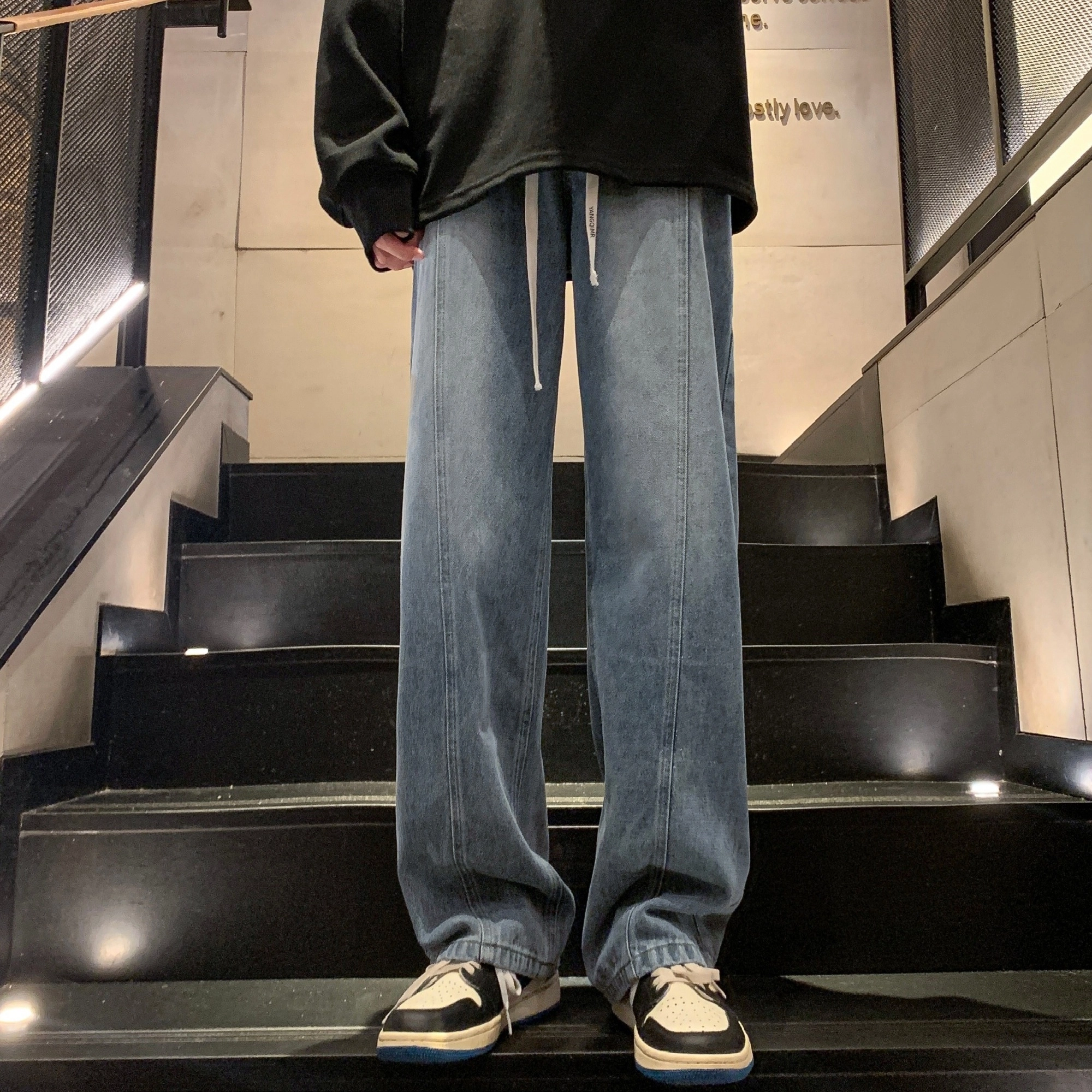 洋气先生 美式复古高街纯色水洗做旧磨白废土风宽松中腰松紧抽绳系带弹力直筒百搭阔腿无性别主义日常通勤运动休闲牛仔裤 男女同款