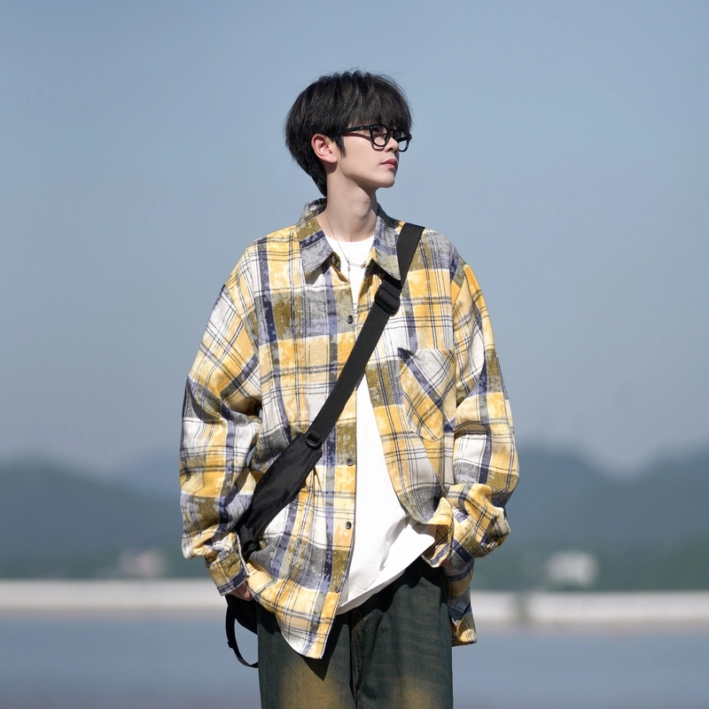 洋气先生 美式复古简约高级感时尚潮流气质百搭条纹花格扎染渐变文艺风日常休闲宽松舒适慵懒氛围感开衫单排扣翻领长袖外套衬衫 男女同款