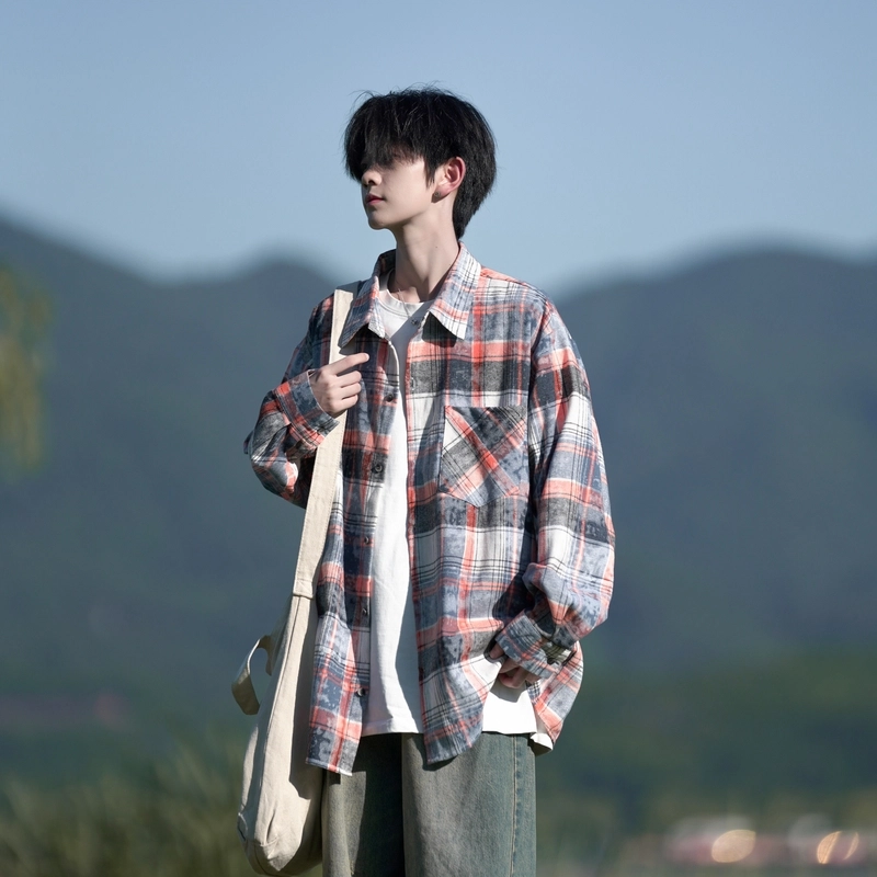 洋气先生 美式复古简约高级感时尚潮流气质百搭条纹花格扎染渐变文艺风日常休闲宽松舒适慵懒氛围感开衫单排扣翻领长袖外套衬衫 男女同款