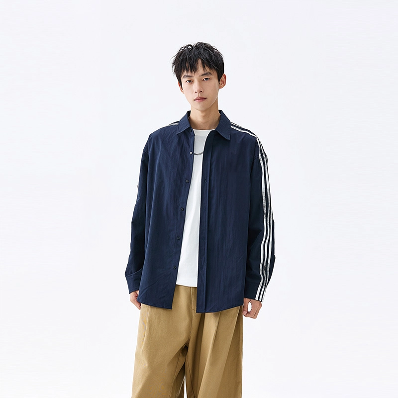洋气先生 美式复古潮流学院风三条杠条纹基础设计纯色翻领开衫长袖休闲舒适保暖有弹力日常通勤简约时尚高级百搭单排扣上衣衬衫 男女同款