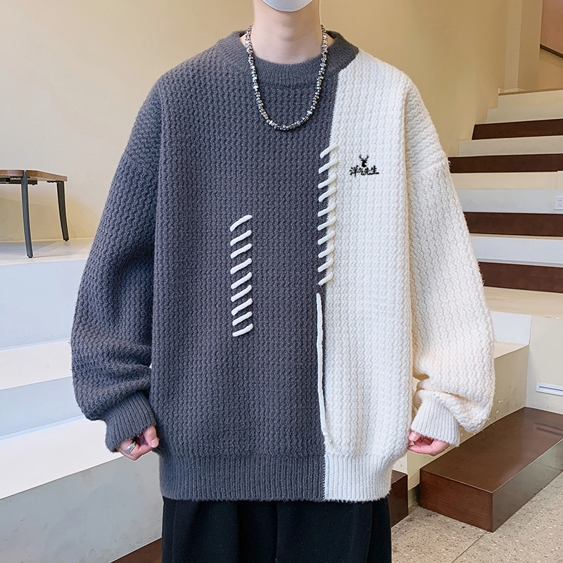 洋气先生 美式高街潮牌撞色拼接绣绳小众设计无性别主义潮流慵懒感个性卫衣日常通勤微阔圆领套头长袖简约休闲时尚百搭针织衫 男女同款
