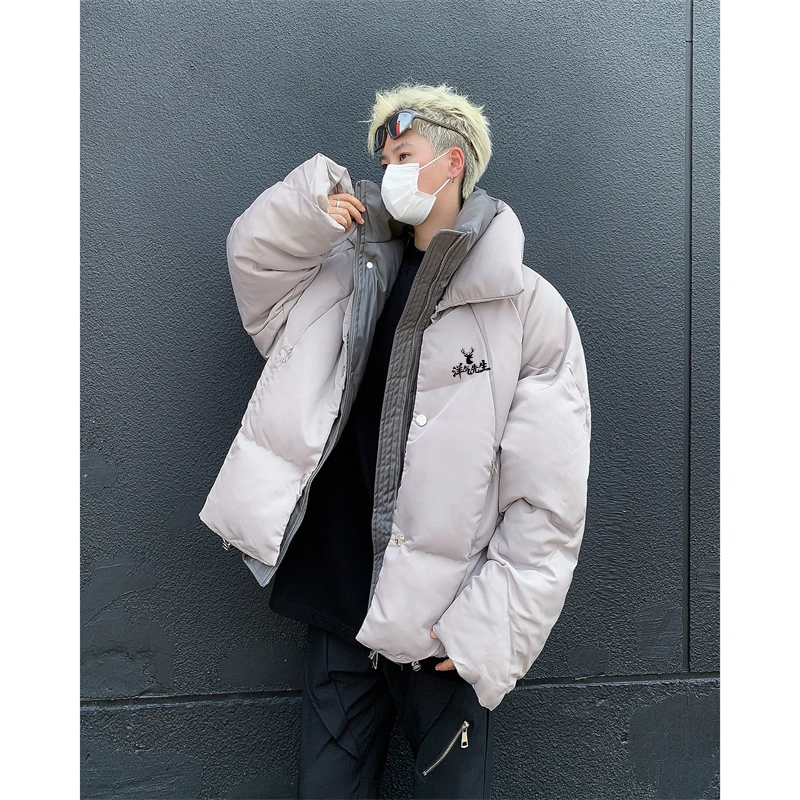 洋气先生 美式复古潮牌高街假两件设计无性别主义宽松舒适保暖立领开衫拉链日常通勤户外防风休闲简约时尚潮流百搭上衣外套棉服 男女同款