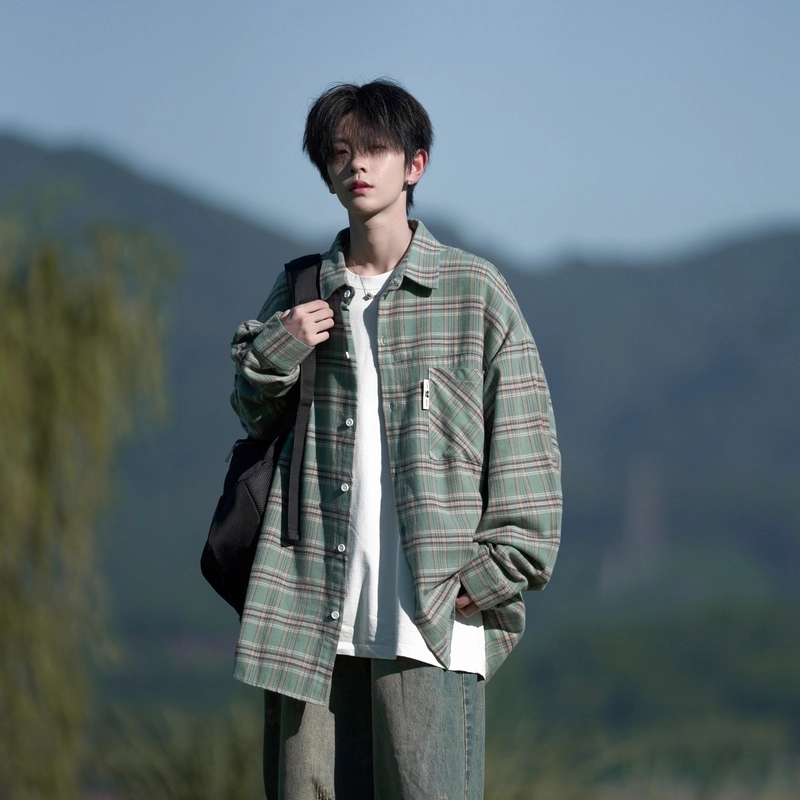 洋气先生 美式复古简约高级感时尚潮流气质百搭经典格纹文艺风日常休闲宽松舒适慵懒氛围感开衫单排扣翻领长袖外套衬衫 男女同款