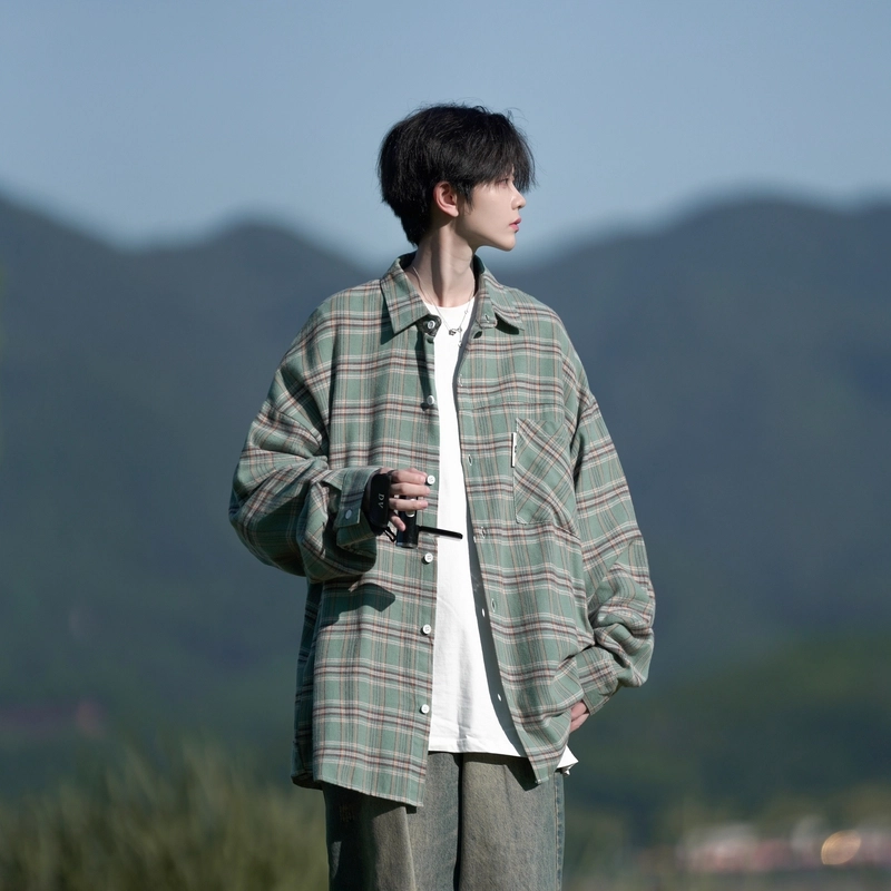 洋气先生 美式复古简约高级感时尚潮流气质百搭经典格纹文艺风日常休闲宽松舒适慵懒氛围感开衫单排扣翻领长袖外套衬衫 男女同款