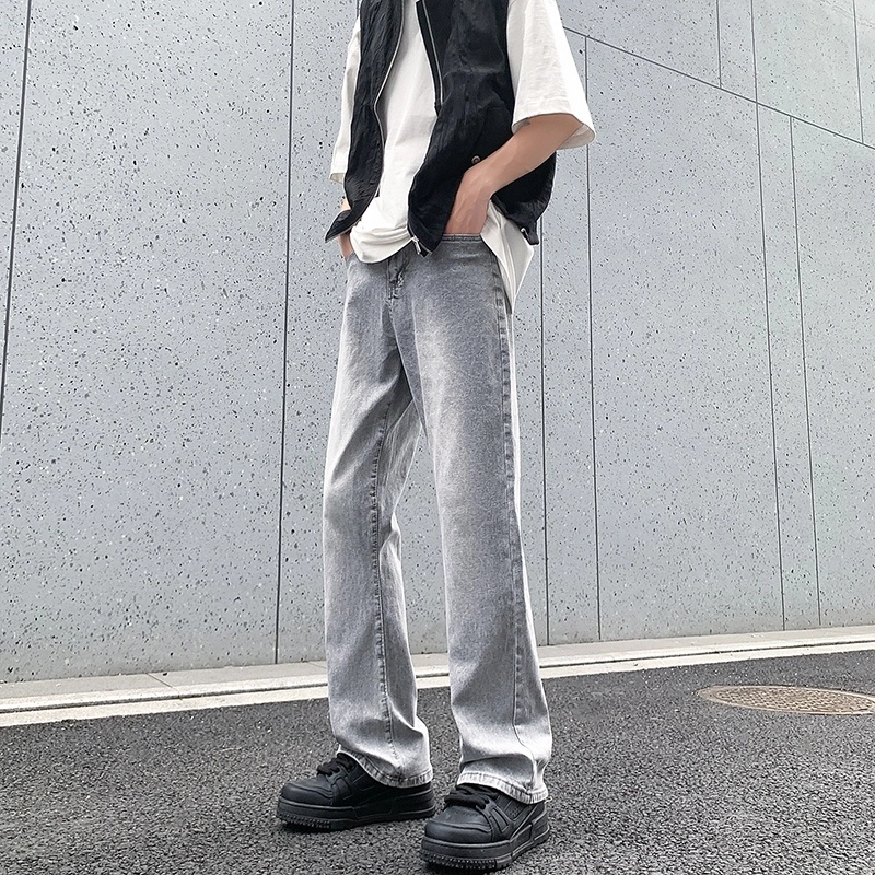 洋气先生 美式高街复古水洗做旧微喇中腰直筒弹力柔软亲肤平整抗皱纯色基础款垂坠感宽松百搭休闲日常出行运动穿搭长款牛仔裤 男女同款