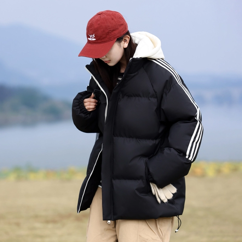 洋气先生 洋气潮牌美式高街简约纯色基础撞色拼接痞帅防风无性别主义保暖抗寒舒适柔软宽松面包连帽户外通勤拉链长袖外套棉服 男女同款