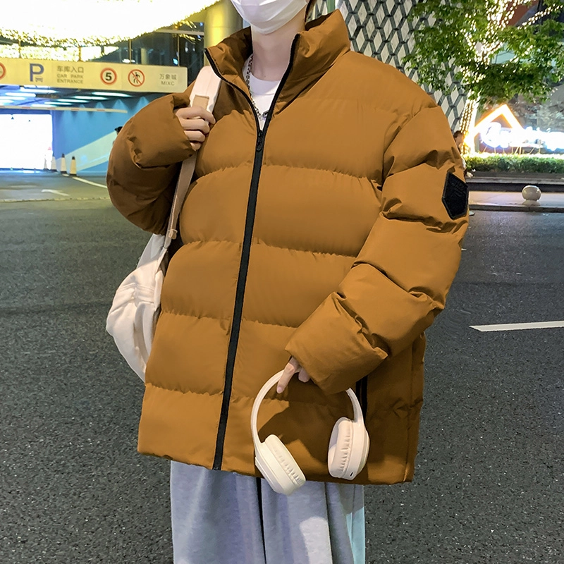 洋气先生 美式高街复古简约纯色基础款无性别主义加厚加绒保暖宽松潮流棉衣日常通勤百搭潮牌休闲防风立领臂章长袖棉服 男女同款