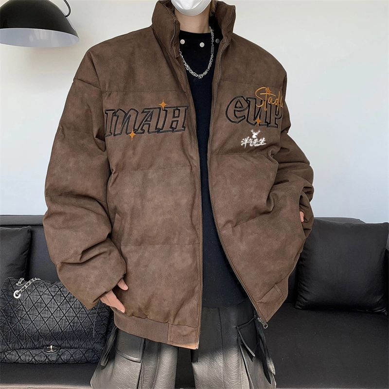 洋气先生 美式复古潮牌高街字母印花设计无性别主义宽松舒适保暖立领开衫拉链日常通勤户外防风休闲简约时尚潮流百搭上衣外套棉服 男女同款