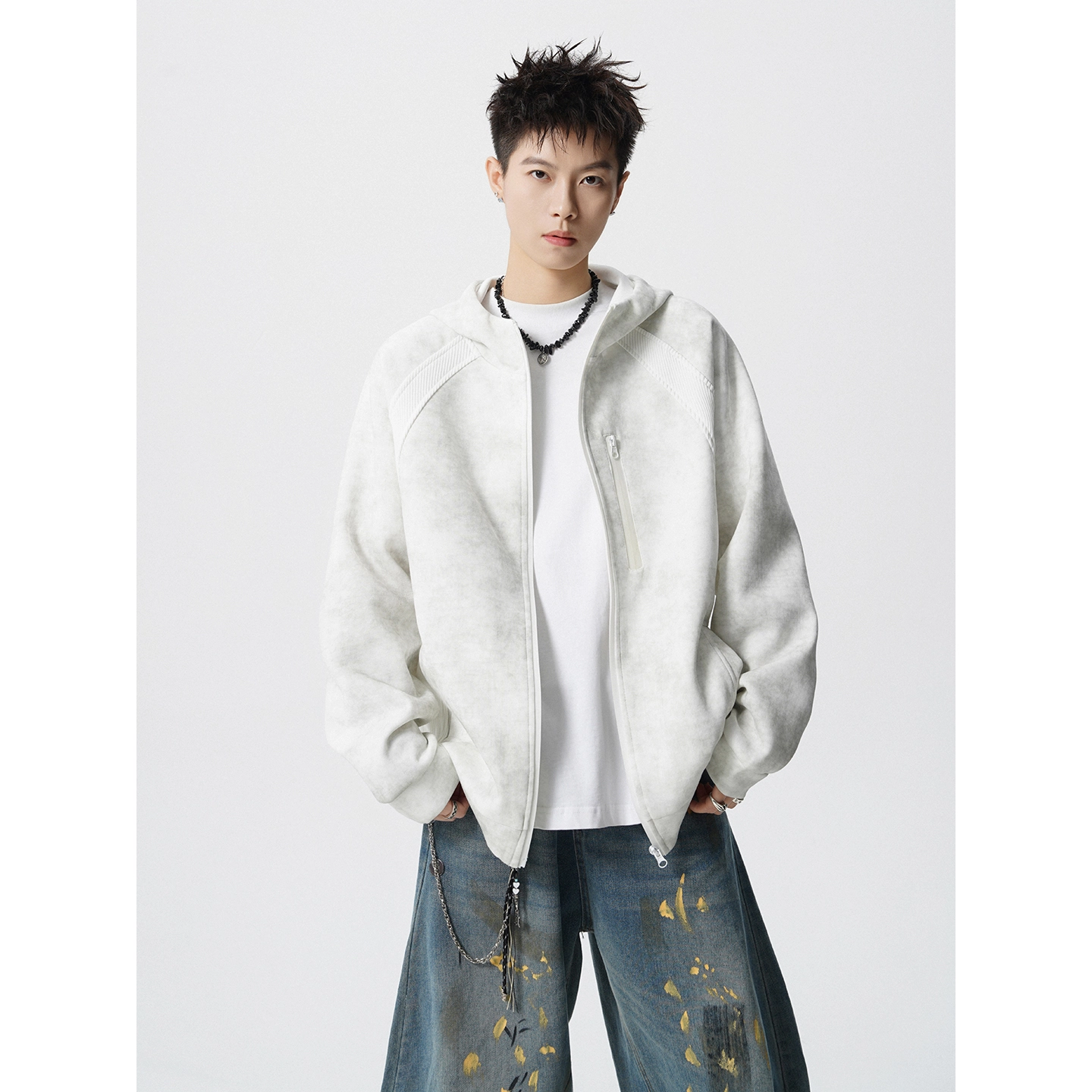 洋气先生 美式复古简约时尚百搭扎染小众高级感潮流帅气日常通勤运动健身休闲宽松防风防水保暖耐磨情侣连帽外套夹克 男女同款