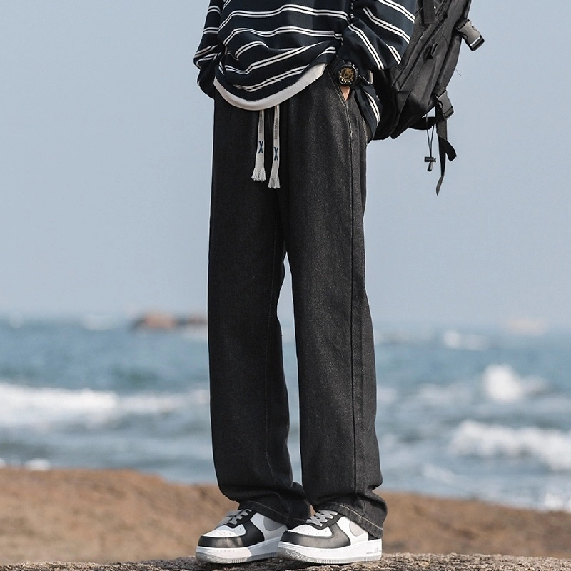 洋气先生 美式复古宽松阔腿潮流抽绳系带通勤慵懒感休闲挺阔有型四季百搭高街水洗做旧简约旅游舒适透气垂感显高直筒牛仔裤 男女同款