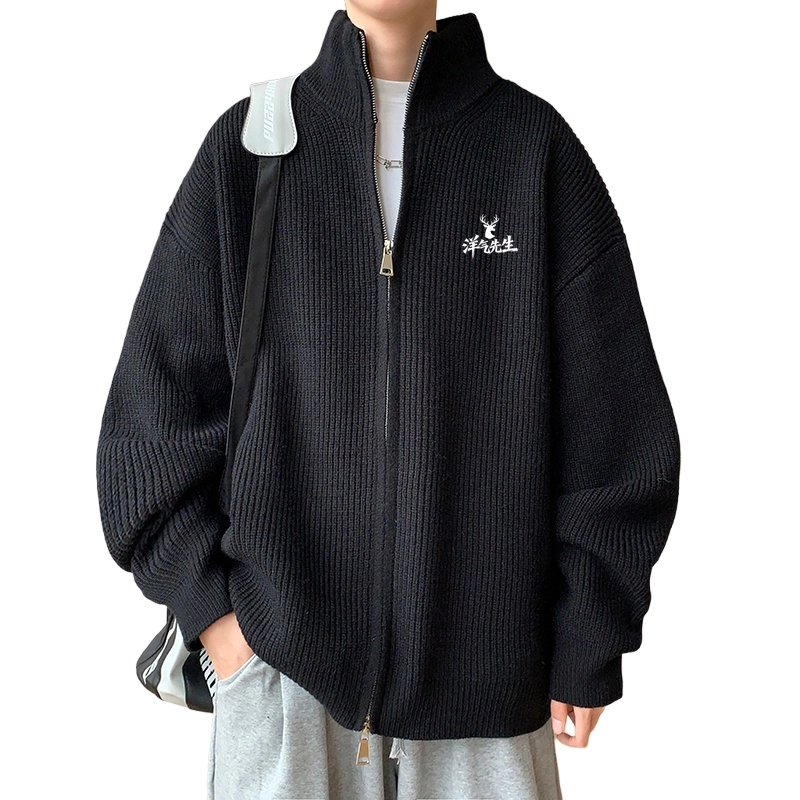 洋气先生 美式洋气潮牌时尚潮流简约大方软糯舒适宽松外穿纯色双拉链头设计上衣长袖日常通勤甜美酷帅无性别主义休闲百搭针织衫 男女同款