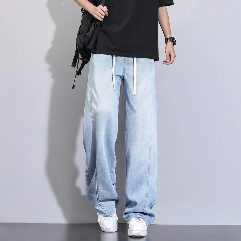 洋气先生 美式休闲潮流裁接线贯穿设计感显高显瘦显腿长系带抽绳宽松弹力柔软亲肤百搭废土风高级感日常出行垂感牛仔裤 男女同款