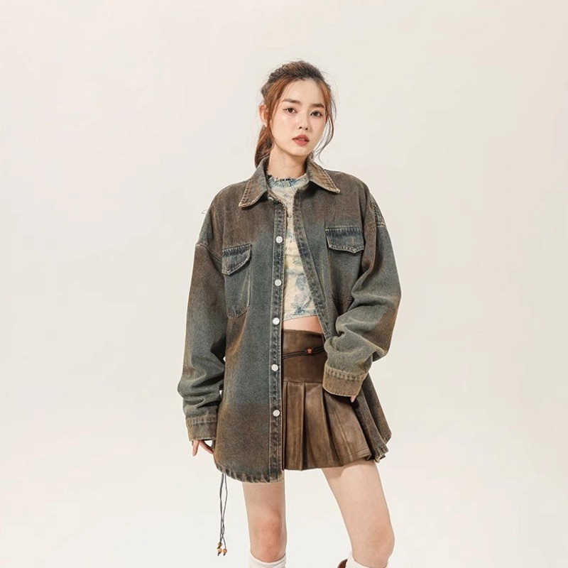 洋气先生 美式复古高街简约纯色潮牌慵懒风重磅落肩款休闲长袖潮流居家宽松舒适亲肤户外运动时尚百搭水洗做旧脏脏衣牛仔外套 男女同款