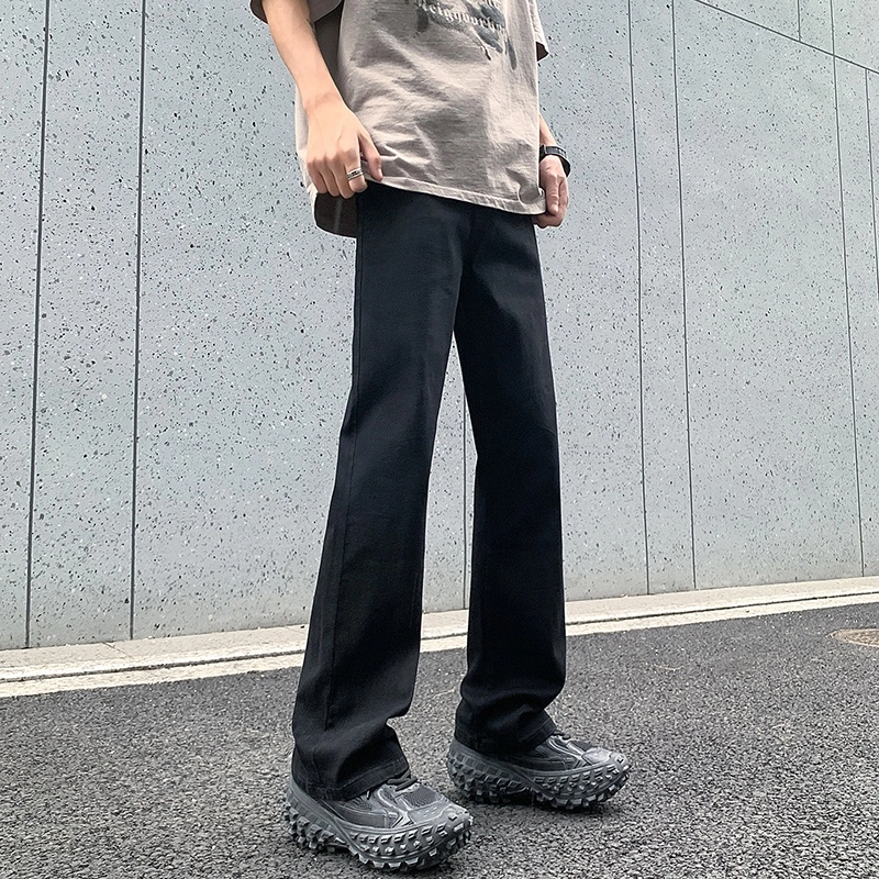 洋气先生 美式高街复古水洗做旧微喇中腰直筒弹力柔软亲肤平整抗皱纯色基础款垂坠感宽松百搭休闲日常出行运动穿搭长款牛仔裤 男女同款