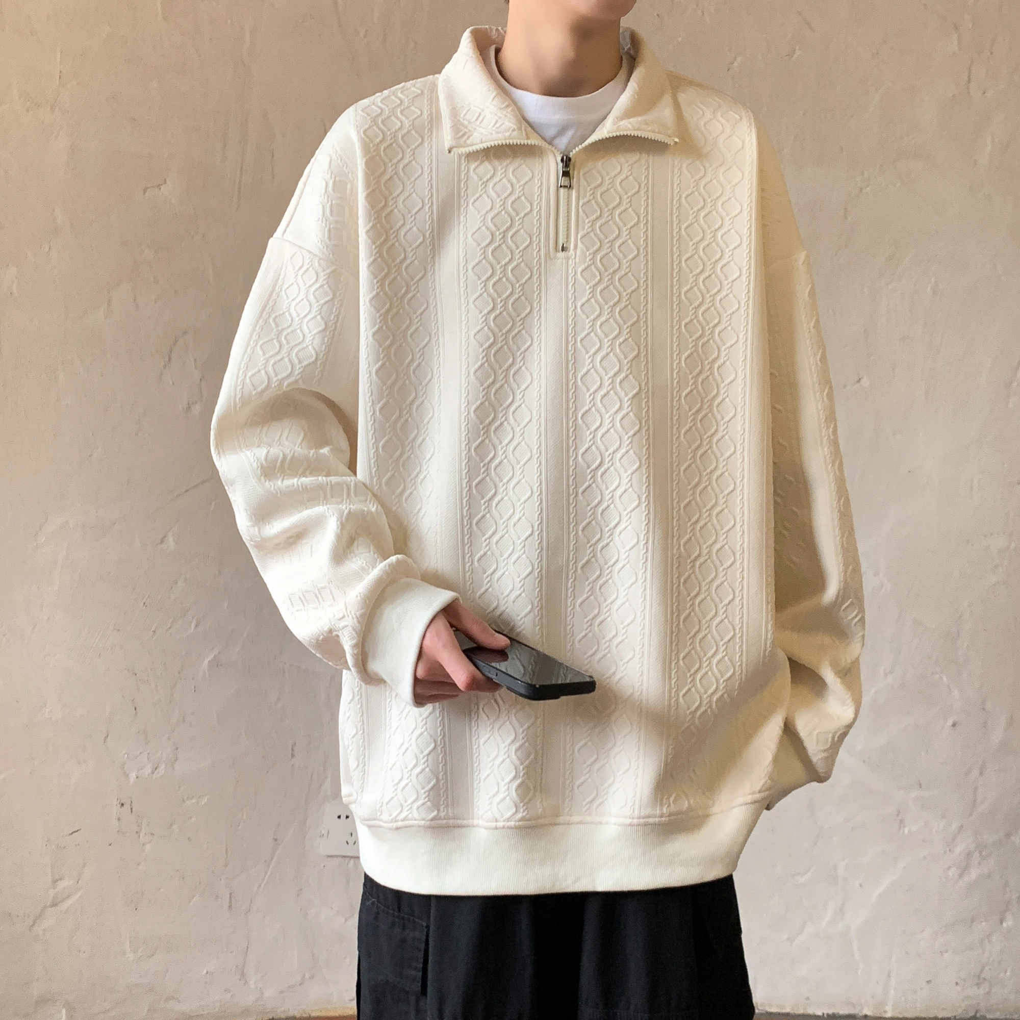 洋气先生 美式复古纯色立领半拉链套头上衣春秋季提花潮牌重磅宽松休闲高街基础款百搭舒适多巴胺色系日常出行通勤运动长袖卫衣 男女同款