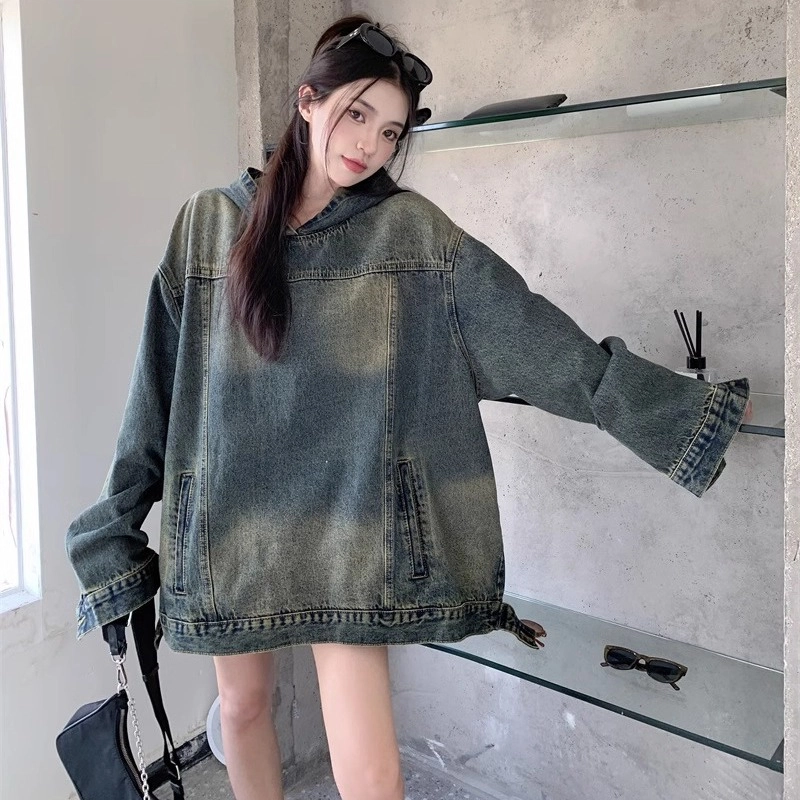 洋气先生 美式复古高街简约纯色潮牌慵懒风重磅休闲长袖潮流居家宽松舒适亲肤户外运动时尚百搭水洗做旧连帽牛仔外套 男女同款