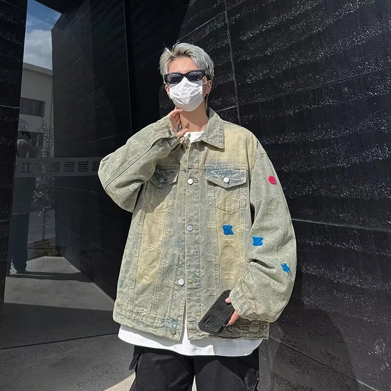 洋气先生 美式复古百搭简约小众时尚高级感日常基础休闲宽松防风保暖城市机能风水洗做旧提花满印氛围感户外通勤夹克 男女同款