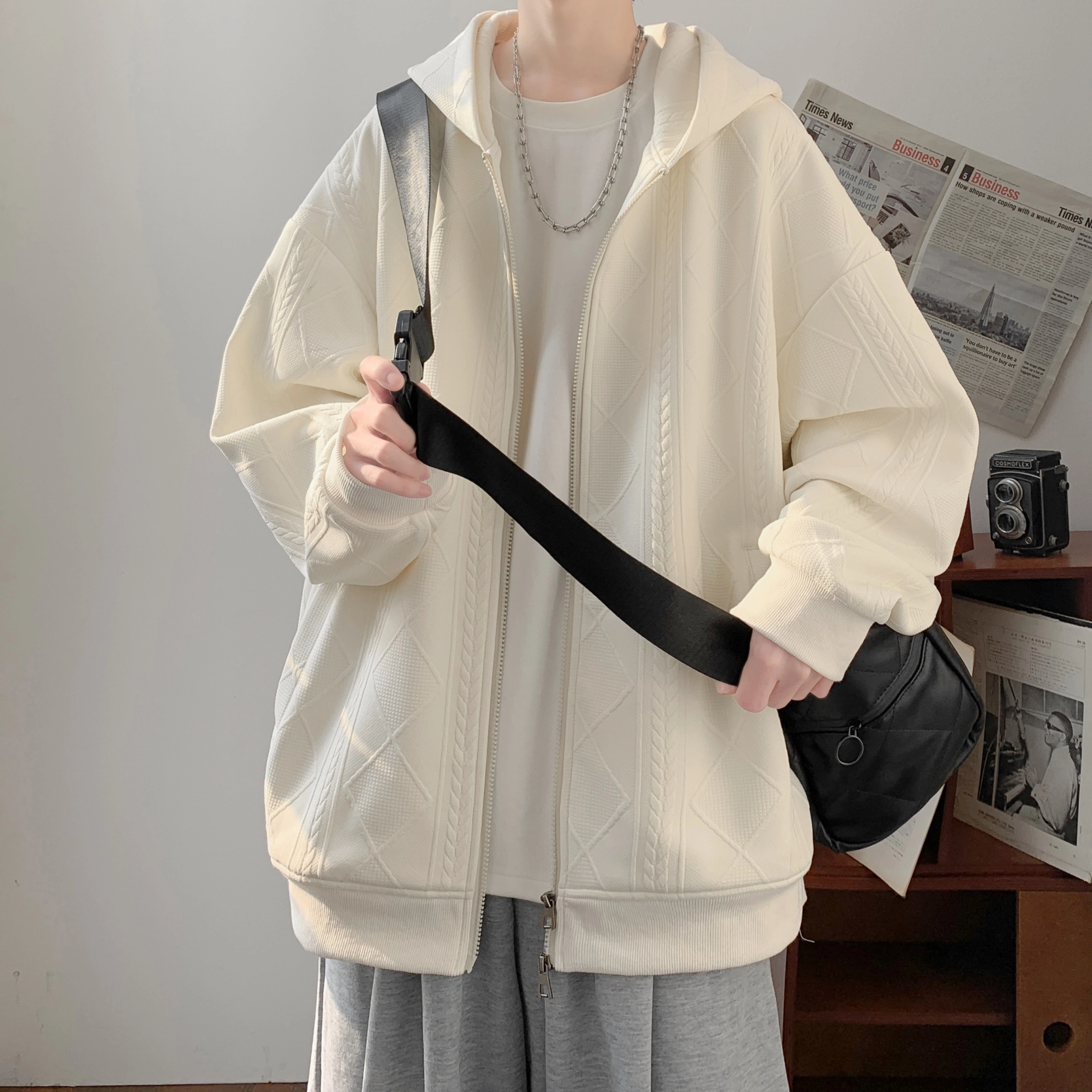 洋气先生 美式高街复古简约纯色文艺高级感落肩袖麻花纹肌理感满印大码外套重磅垂感宽松休闲时尚百搭小众中性风开衫连帽舒适卫衣 男女同款