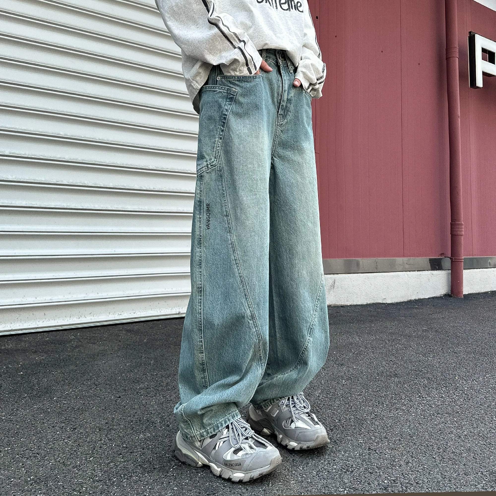 洋气先生 美式复古高街简约纯色水洗做旧弯刀阔腿工装秋季直筒宽松垂坠感透气个性潮流时尚舒适日常通勤百搭休闲牛仔裤 男女同款