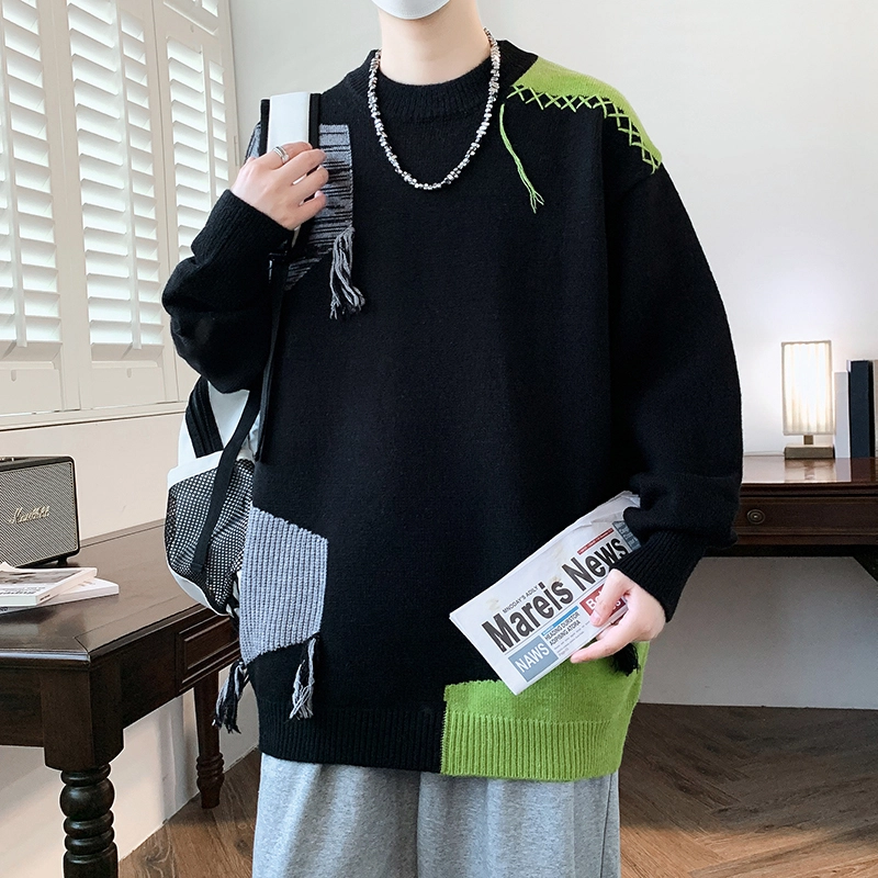 洋气先生 美式高街潮牌撞色拼接小众设计无性别主义纯色潮流慵懒感卫衣日常通勤微阔圆领套头长袖简约休闲时尚百搭针织衫 男女同款