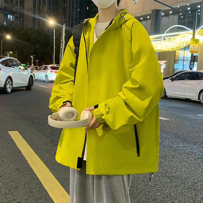 洋气先生 美式复古潮牌轻奢字母印花连帽拉链设计纯色长袖休闲舒适防风山系户外通勤徒步无性别主义简约百搭工装冲锋外套夹克 男女同款