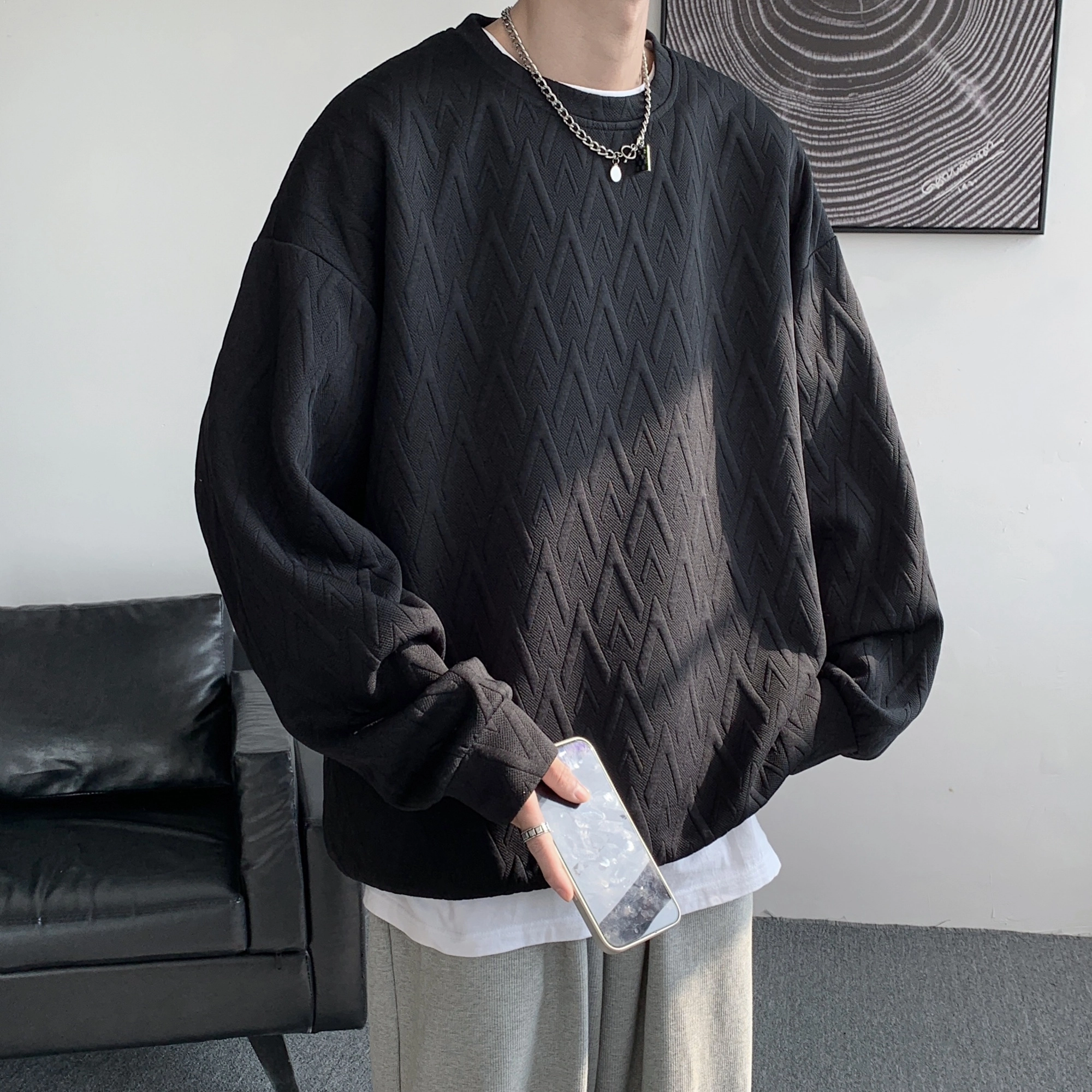 洋气先生 美式复古高级感纯色简约三角钢印满印大码重磅垂感宽松休闲时尚百搭小众通勤中性风圆领套头户外山系运动舒适日常卫衣 男女同款