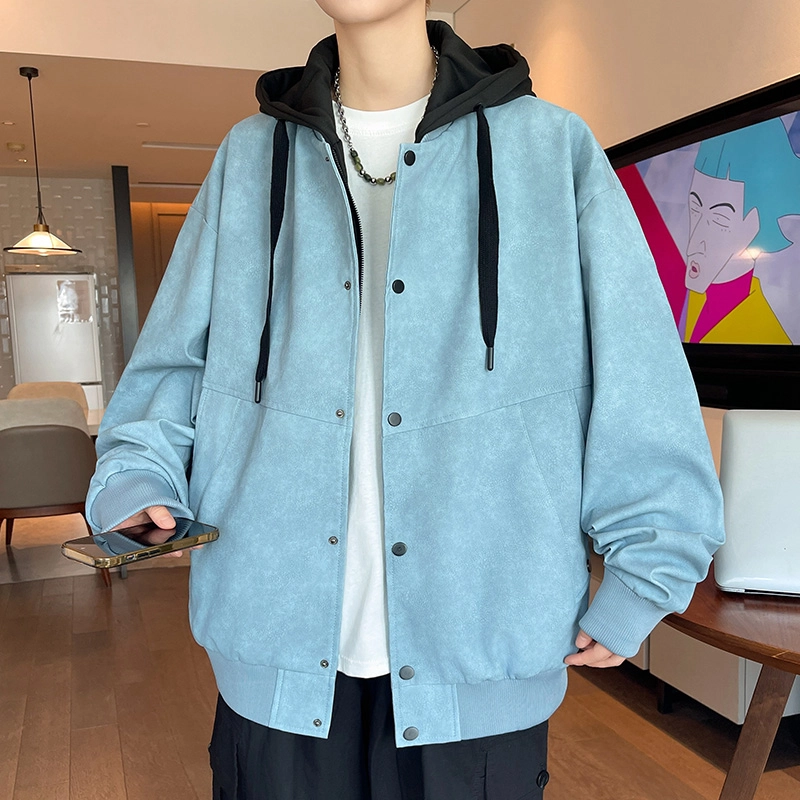 洋气先生 美式复古潮流做旧假两件设计连帽拉链长袖宽松休闲舒适保暖防风日常户外通勤徒步无性别主义简约百搭皮衣外套夹克 男女同款