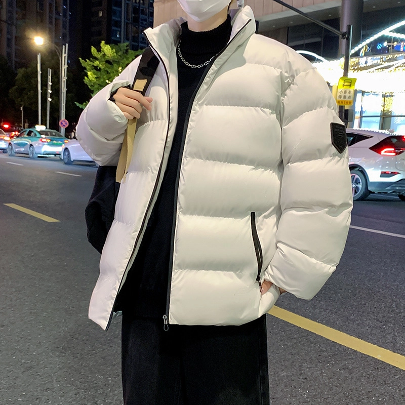 洋气先生 美式高街复古简约纯色基础款无性别主义加厚加绒保暖宽松潮流棉衣日常通勤百搭潮牌休闲防风立领臂章长袖棉服 男女同款