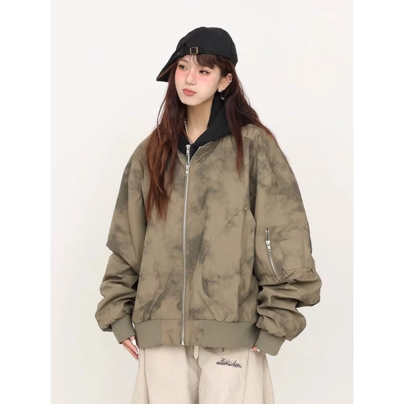 洋气先生 美式复古简约时尚扎染小众高级感潮流帅气日常基础休闲宽松百搭防风保暖城市机能风假两件连帽外套卫衣夹克 男女同款