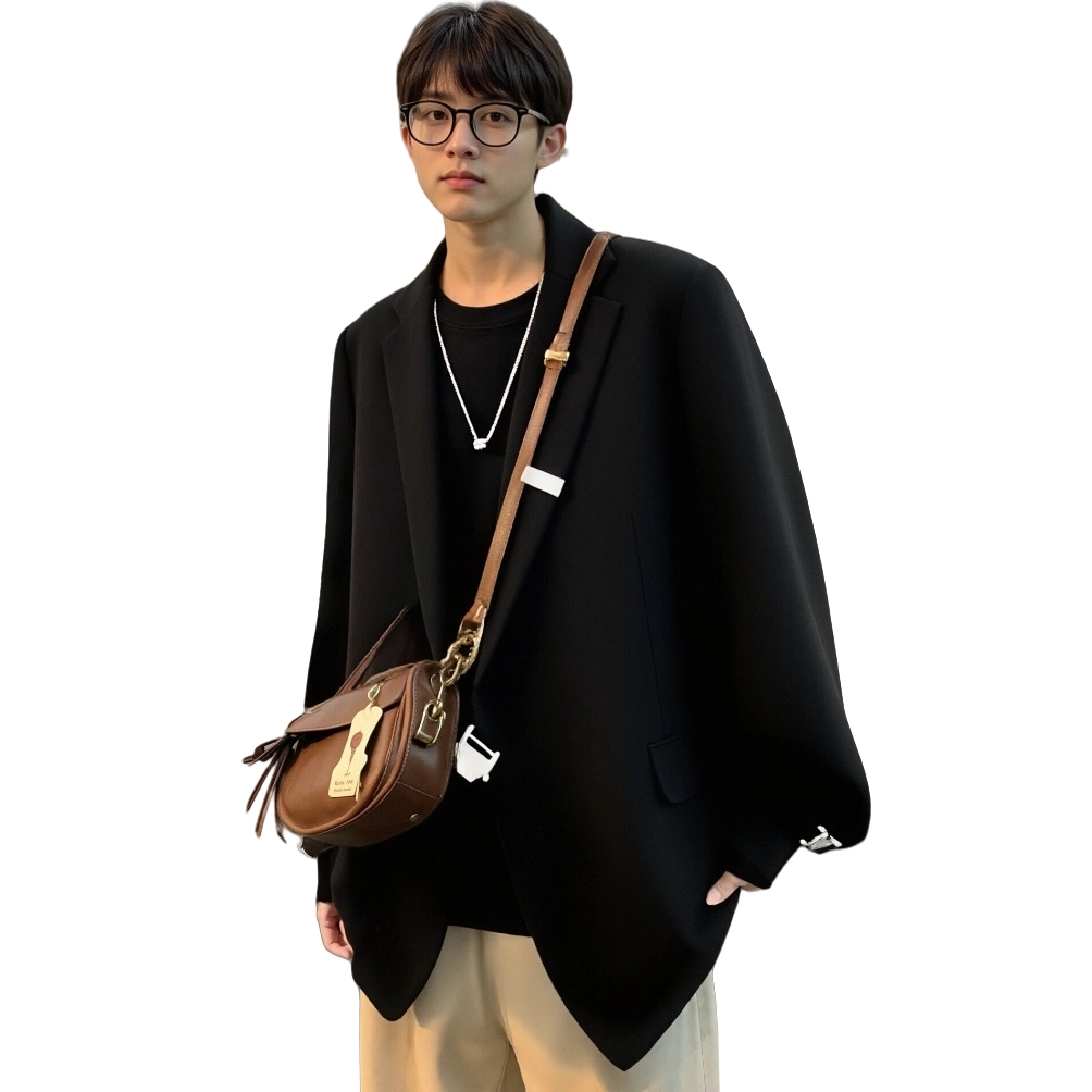 洋气先生 美式复古简约纯色时尚百搭小众高级感金属搭扣潮流帅气日常基础款宽松落肩长袖单排扣轻奢无性别主义黑色西装 男女同款