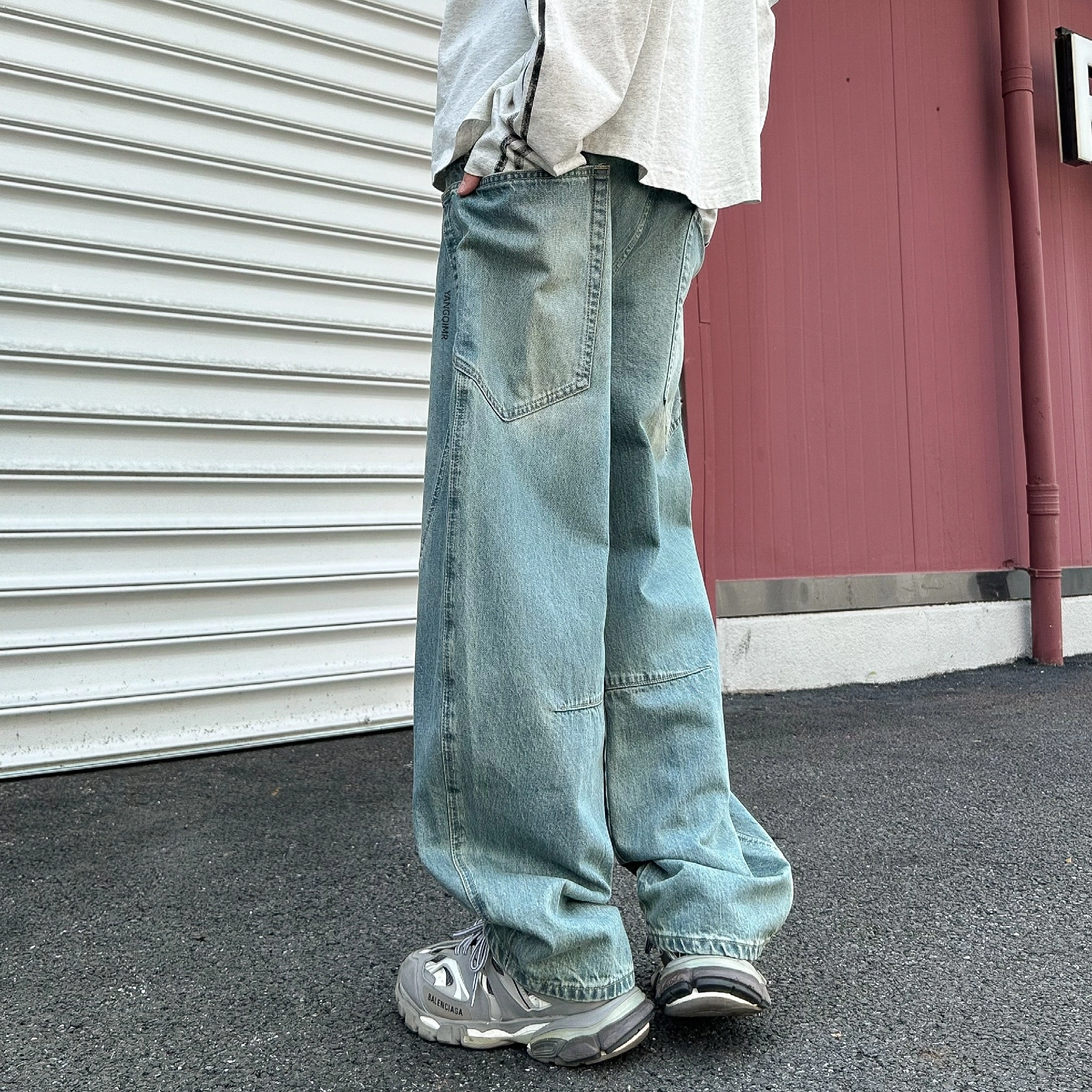 洋气先生 美式复古高街简约纯色水洗做旧弯刀阔腿工装秋季直筒宽松垂坠感透气个性潮流时尚舒适日常通勤百搭休闲牛仔裤 男女同款