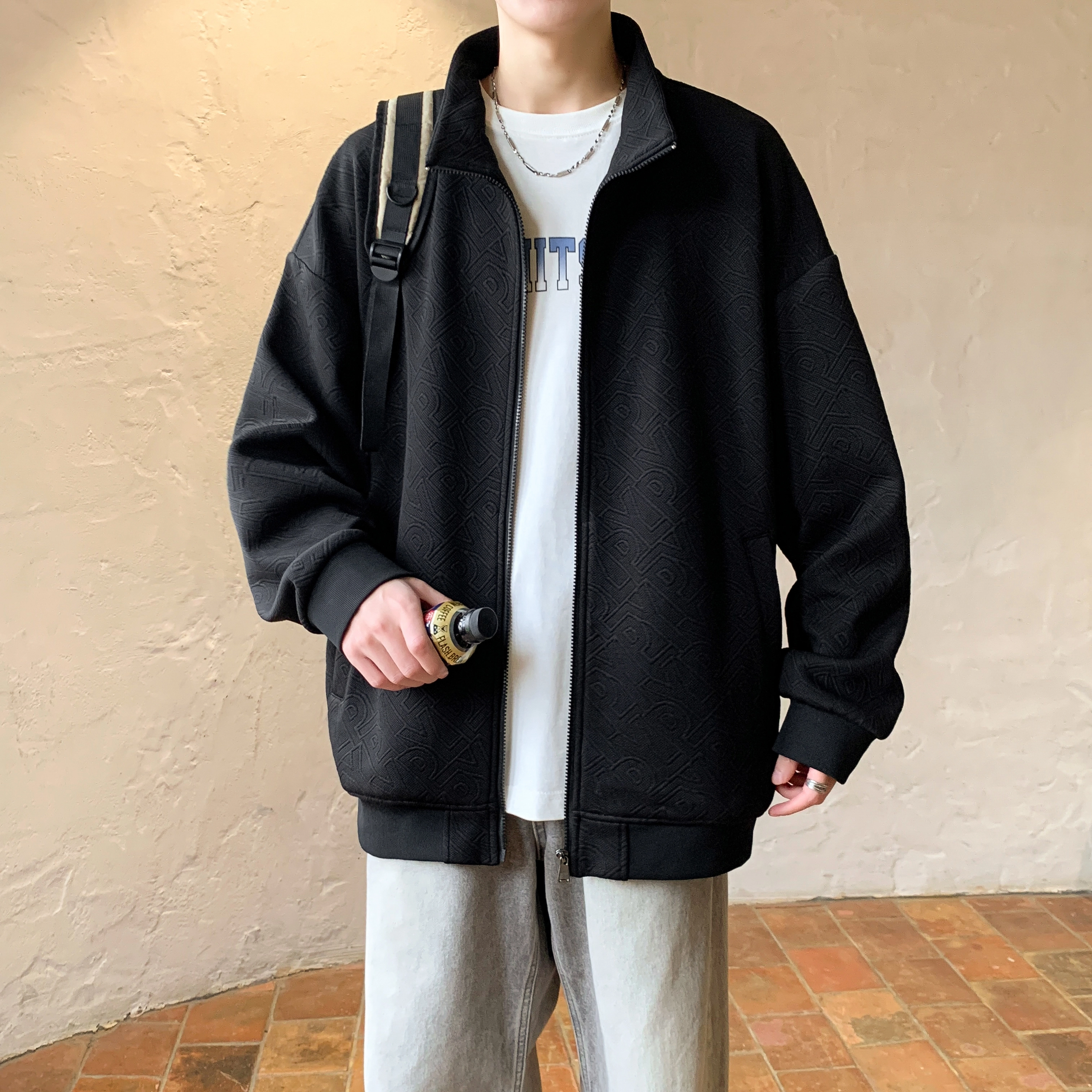 洋气先生 美式高街复古学院风少年感潮牌基础款纯色立领运动街头日常通勤法式慵懒风休闲百搭开衫拉链字母钢印满印外套卫衣 男女同款