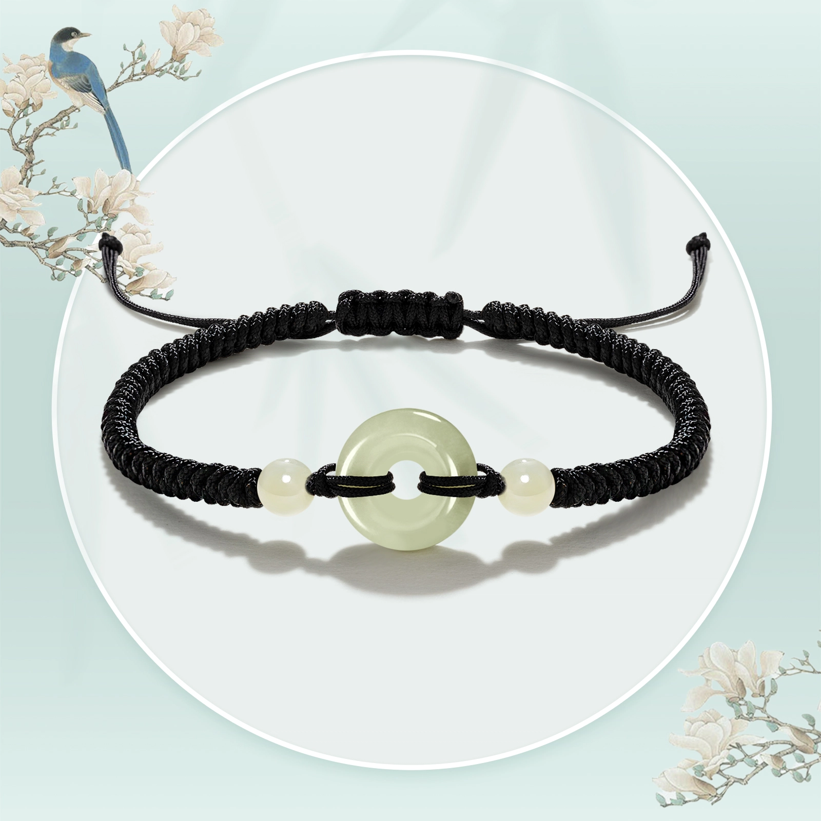 晶城购 【高品】平安扣手工编织绳 本命年转运纳福红绳 抽绳可调节大小 新中式国风黑绳 和田玉 手链 男女同款情侣款 青白玉