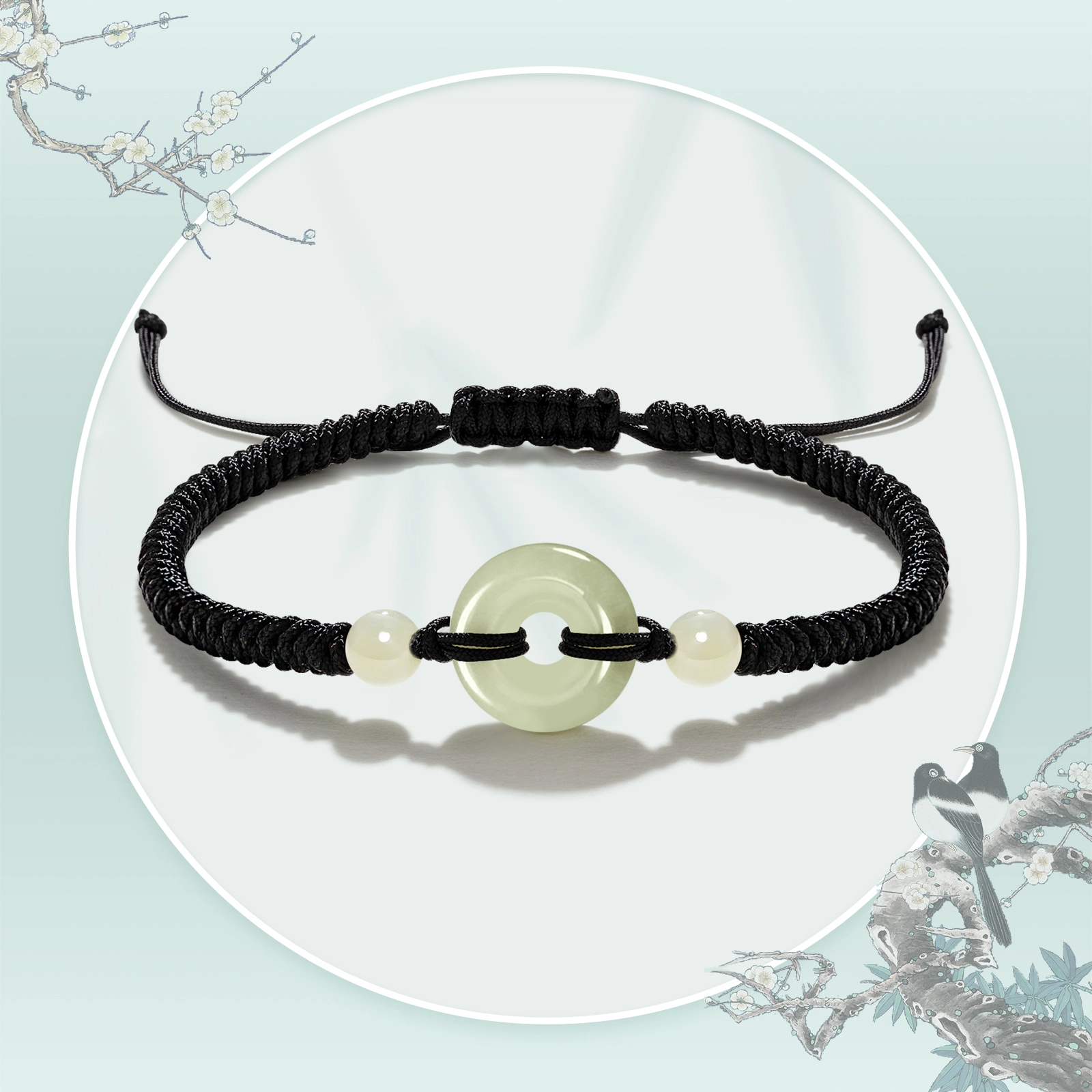 晶城购 【高品】平安扣手工编织绳 本命年转运纳福红绳 抽绳可调节大小 新中式国风黑绳 和田玉 手链 男女同款情侣款 青白玉